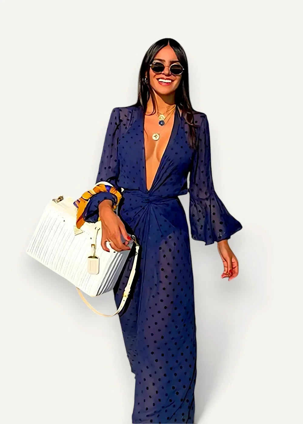 Navy blue polka dot summer kimono wrap dress with bell sleeves and deep v neckline in lightweight fabric