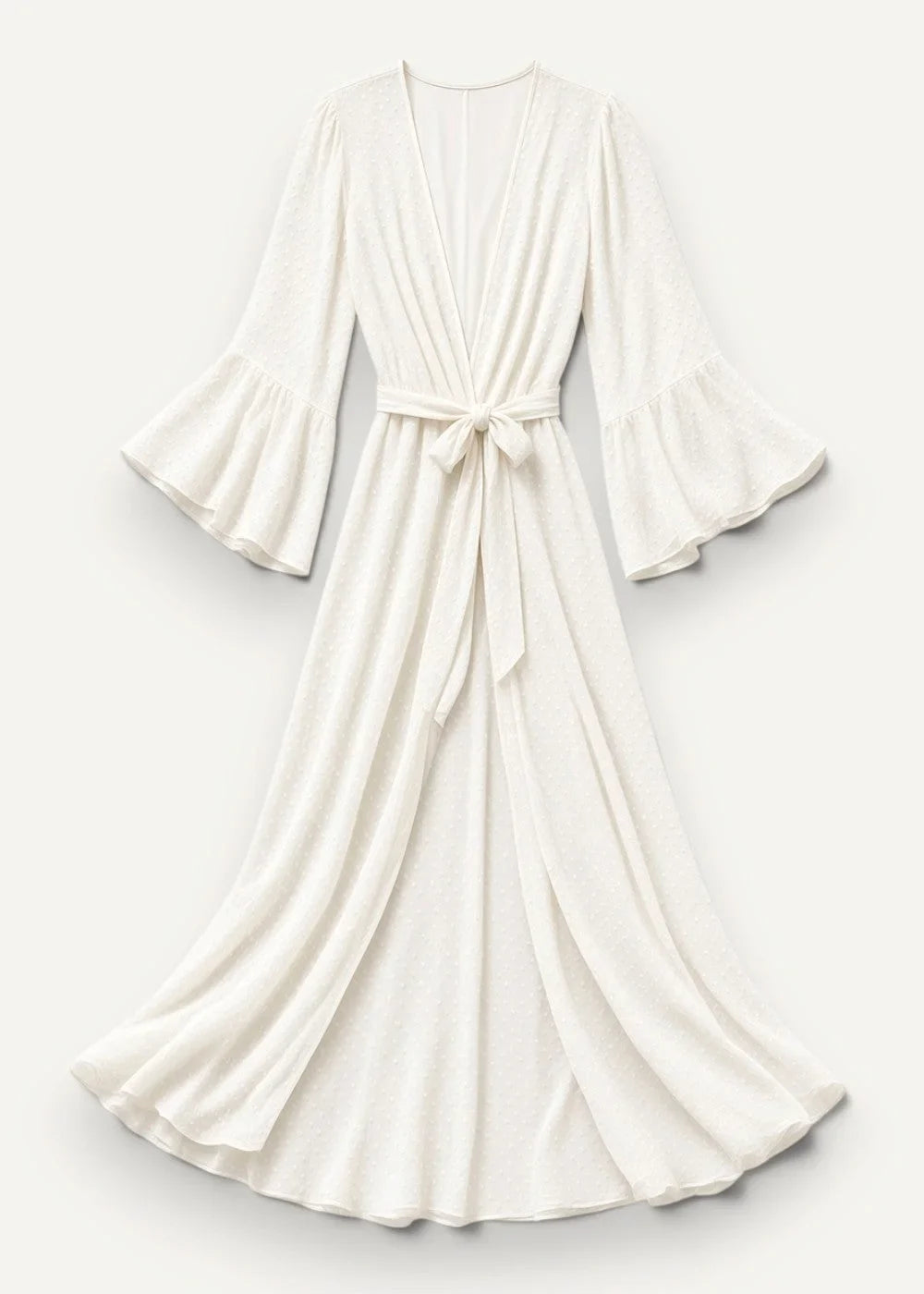 A flowing white summer kimono wrap dress with bell sleeves and a tied waistband