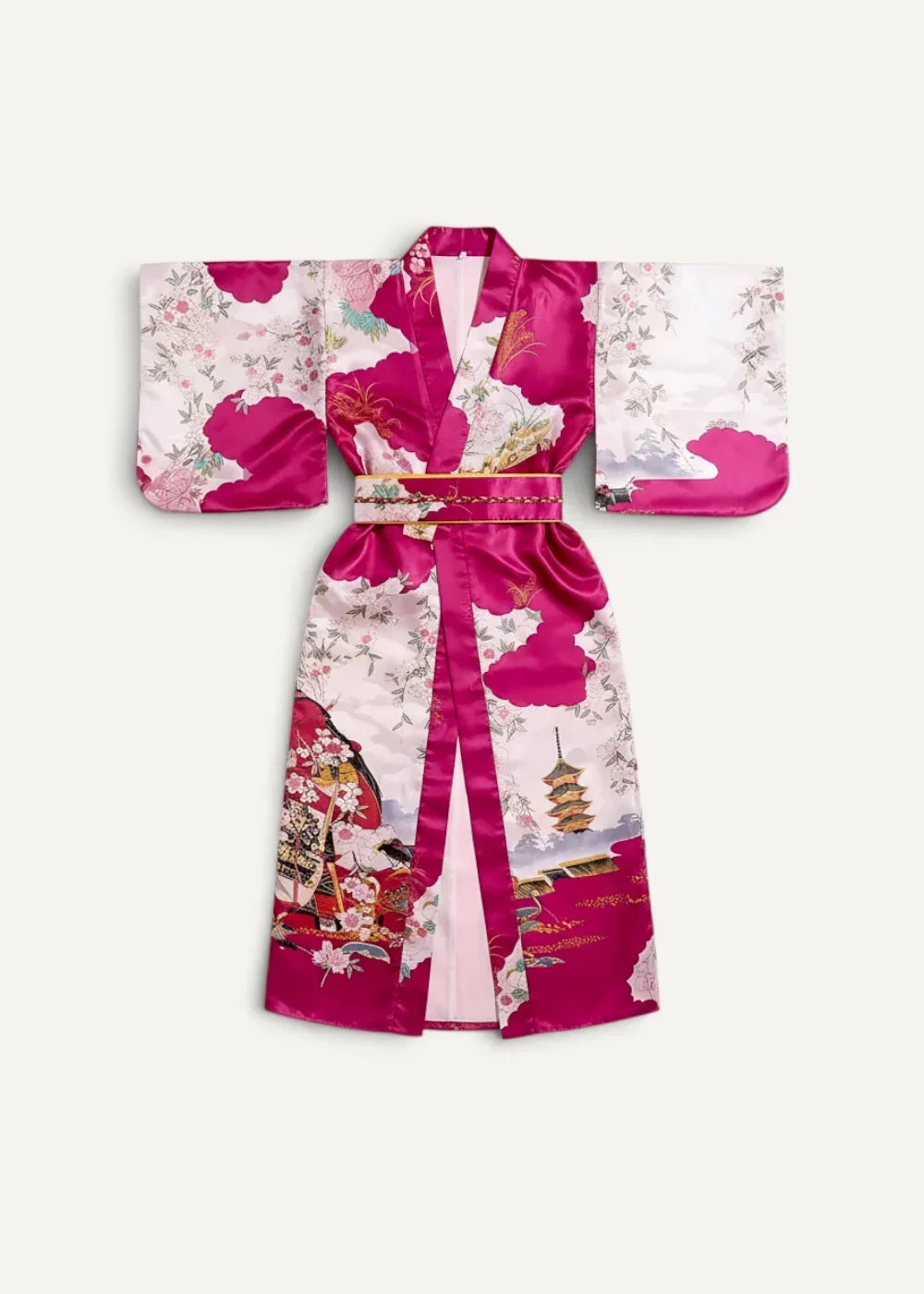 A vibrant fuchsia silk summer yukata female kimono robe with traditional Japanese cherry blossoms and pagodas print