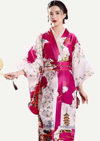 Summer yukata female vibrant magenta and white silk kimono with floral and pagoda motifs and satin obi belt