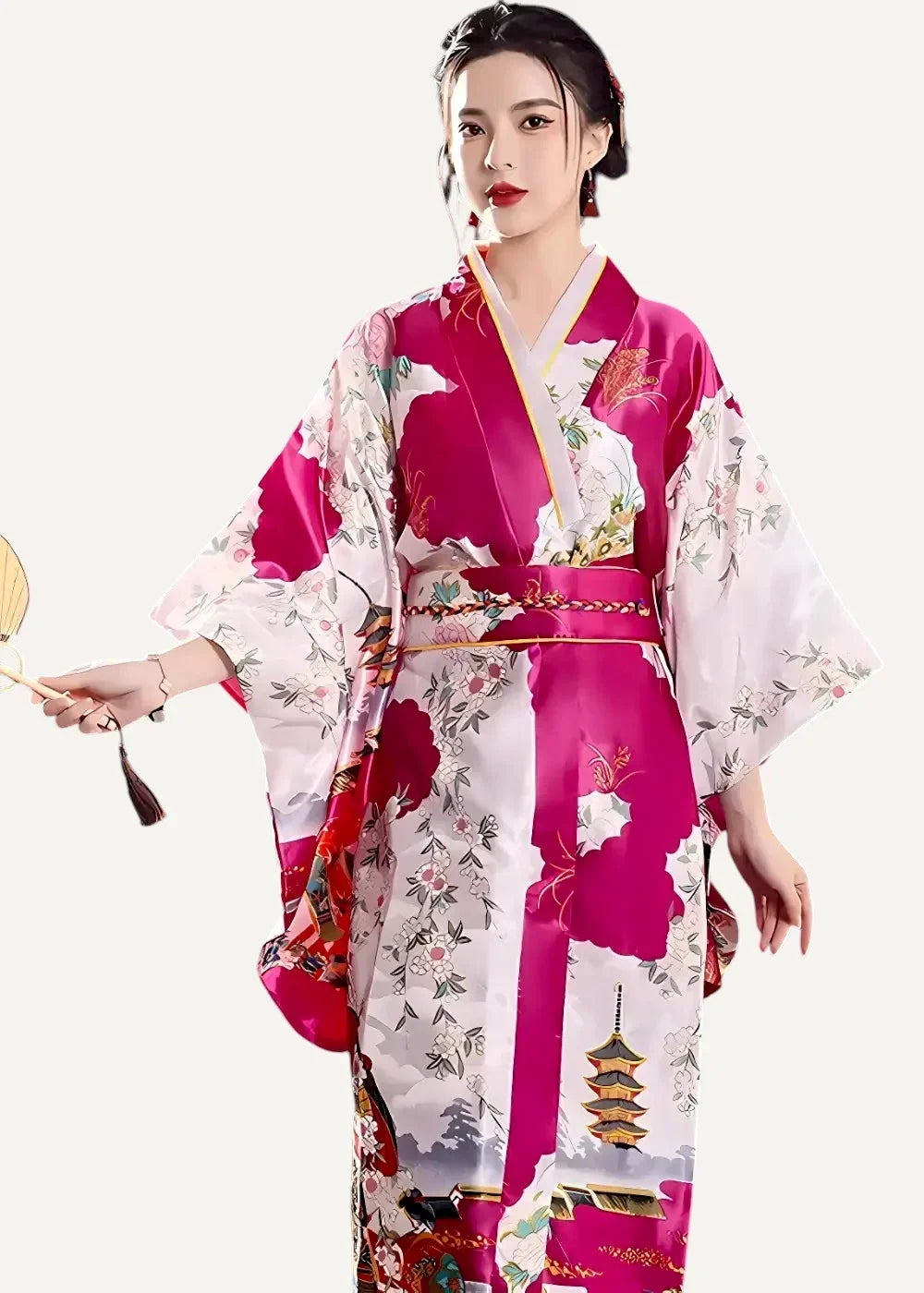 Summer yukata female vibrant magenta and white silk kimono with floral and pagoda motifs and satin obi belt
