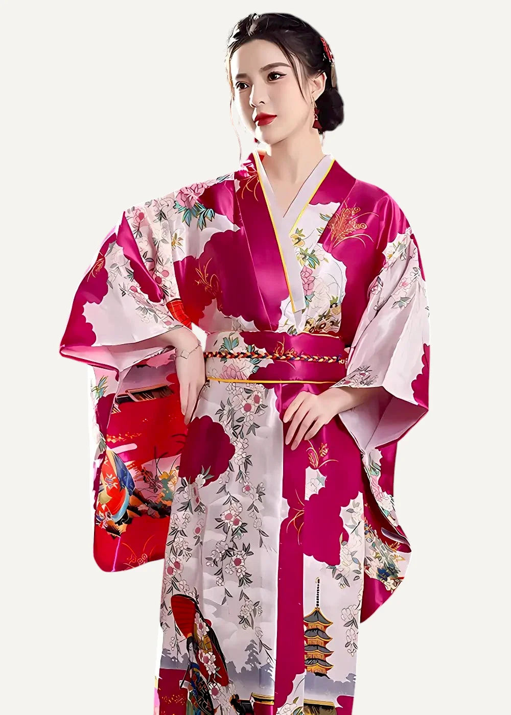 A vibrant pink and white floral-patterned silk summer yukata female with gold trim shown from the front