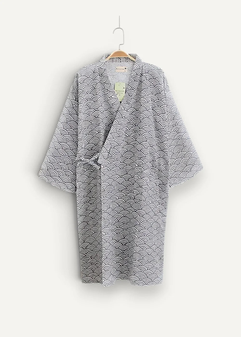 Gray and white wave-patterned cotton summer yukata kimono with a wrap-style front for warm weather wear