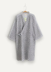 Gray and white wave-patterned cotton summer yukata kimono with a wrap-style front for warm weather wear