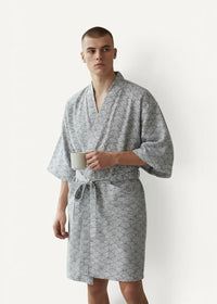 Gray and white wave-patterned cotton summer yukata robe with v-neck three-quarter sleeves and tied waist