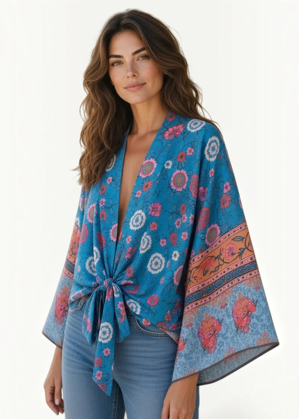 A vibrant blue swim kimono with pink white and orange floral pattern wide bell sleeves and tied front knot wrap top
