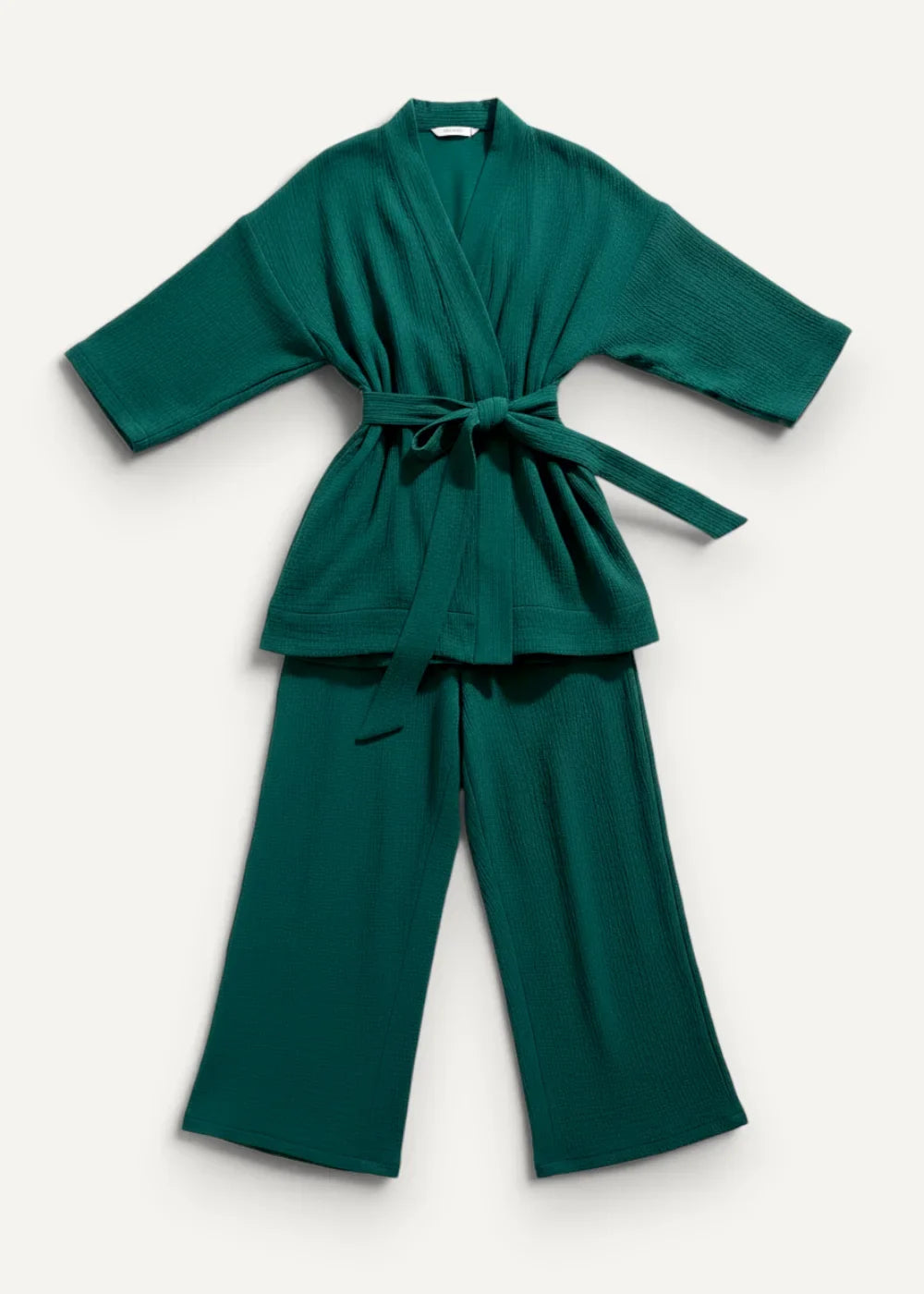 Emerald green knit robe with matching wide-leg pants tied at the waist in teal kimono pajamas set