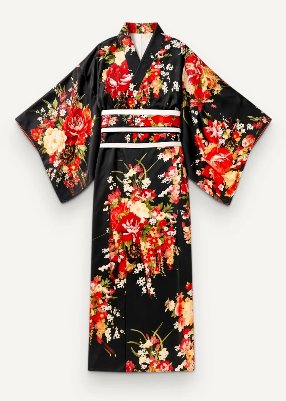 Traditional black Japanese kimono made of silk with vibrant red yellow white floral patterns and a wide white obi belt