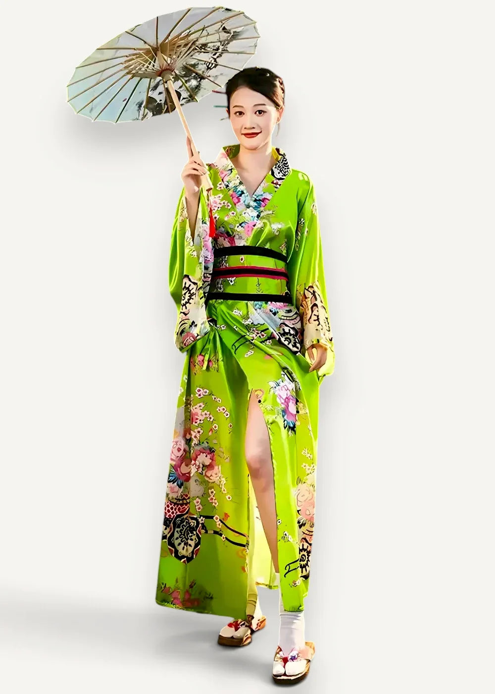 Vibrant lime green silk kimono with intricate floral and bird patterns and a black obi belt traditional green kimono