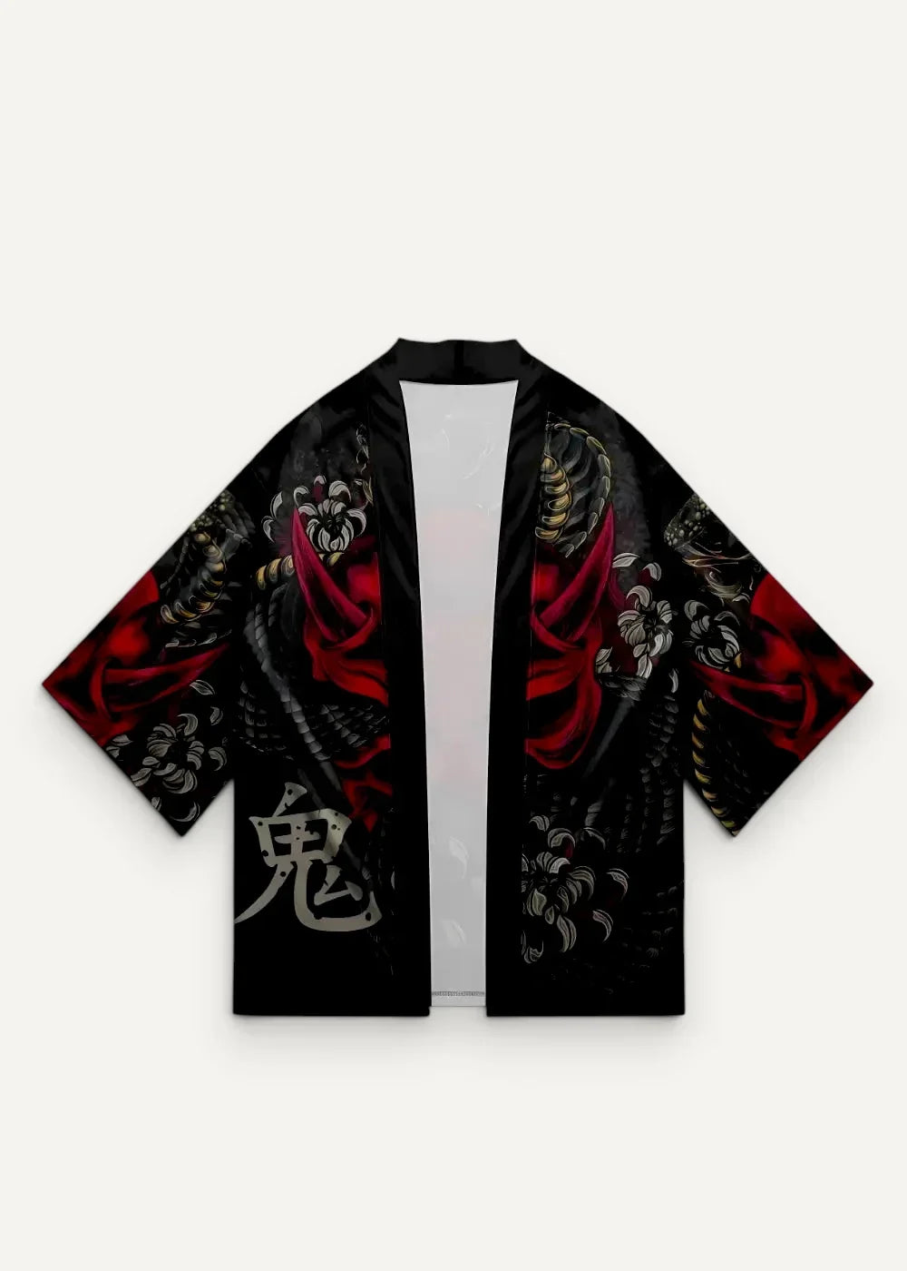 Black traditional haori kimono with bold red silver dragon motifs and prominent oni kanji on the left side