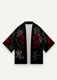 Black traditional haori kimono with bold red silver dragon motifs and prominent oni kanji on the left side
