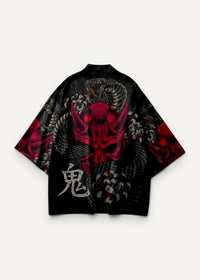 Black Japanese-style traditional haori featuring a bold red and black dragon with silver kanji and floral patterns