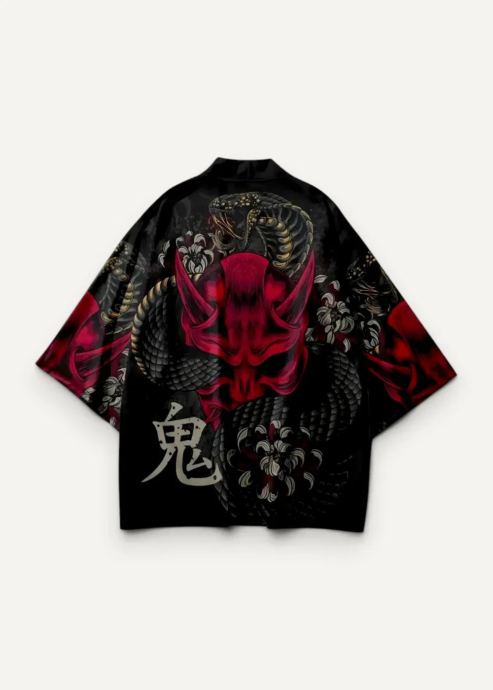Black Japanese-style traditional haori featuring a bold red and black dragon with silver kanji and floral patterns