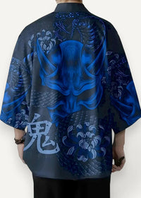 Traditional haori dark blue semi-transparent kimono jacket with glowing dragon face floral patterns and ghost character on back
