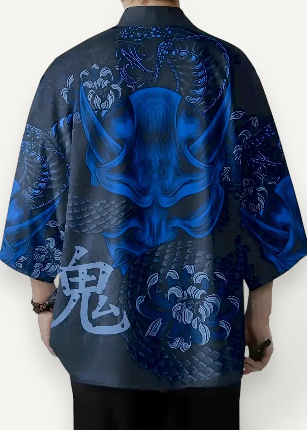 Traditional haori dark blue semi-transparent kimono jacket with glowing dragon face floral patterns and ghost character on back