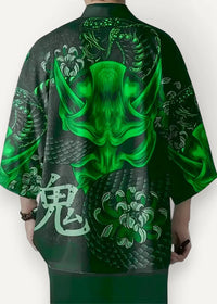 Traditional haori dark green three quarter sleeve kimono with neon green demonic face dragon scales and white floral patterns
