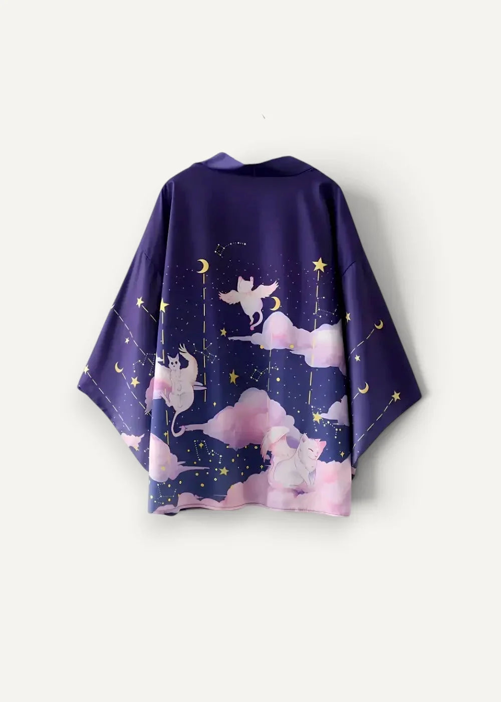 Traditional haori jacket navy blue kimono style with whimsical white cats crescent moons and stars on soft pink clouds