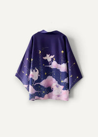 Traditional haori jacket navy blue kimono style with whimsical white cats crescent moons and stars on soft pink clouds