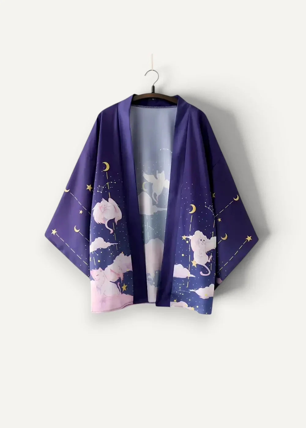 Traditional haori jacket featuring a purple kimono-style design with pink unicorns stars and moons on dark fabric