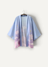Traditional haori jacket in soft lavender and light blue gradient with whimsical white cat illustrations and pastel clouds