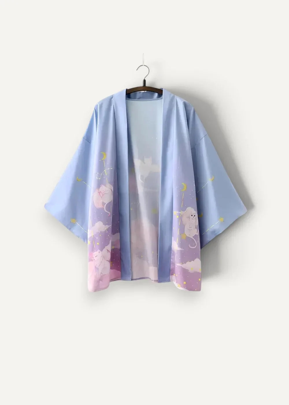 Traditional haori jacket in soft lavender and light blue gradient with whimsical white cat illustrations and pastel clouds