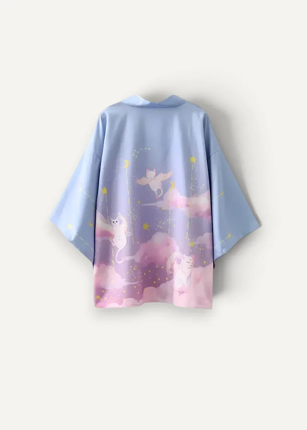 Traditional haori jacket in soft light blue featuring a whimsical print of white cats on pastel pink clouds and golden stars