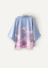 Traditional haori jacket in soft light blue featuring a whimsical print of white cats on pastel pink clouds and golden stars