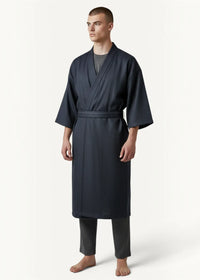 A dark navy blue traditional Japanese kimono robe with long sleeves, belted waist, and wrap design