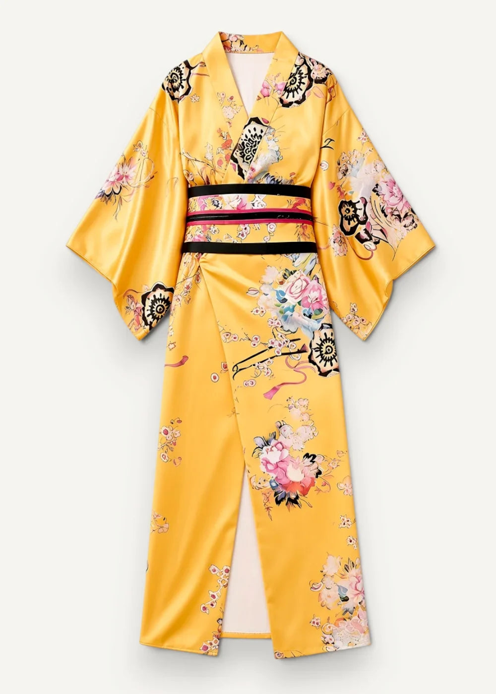 Traditional Japanese female kimono in vibrant yellow silk with floral butterfly patterns and black obi belt with pink stripes