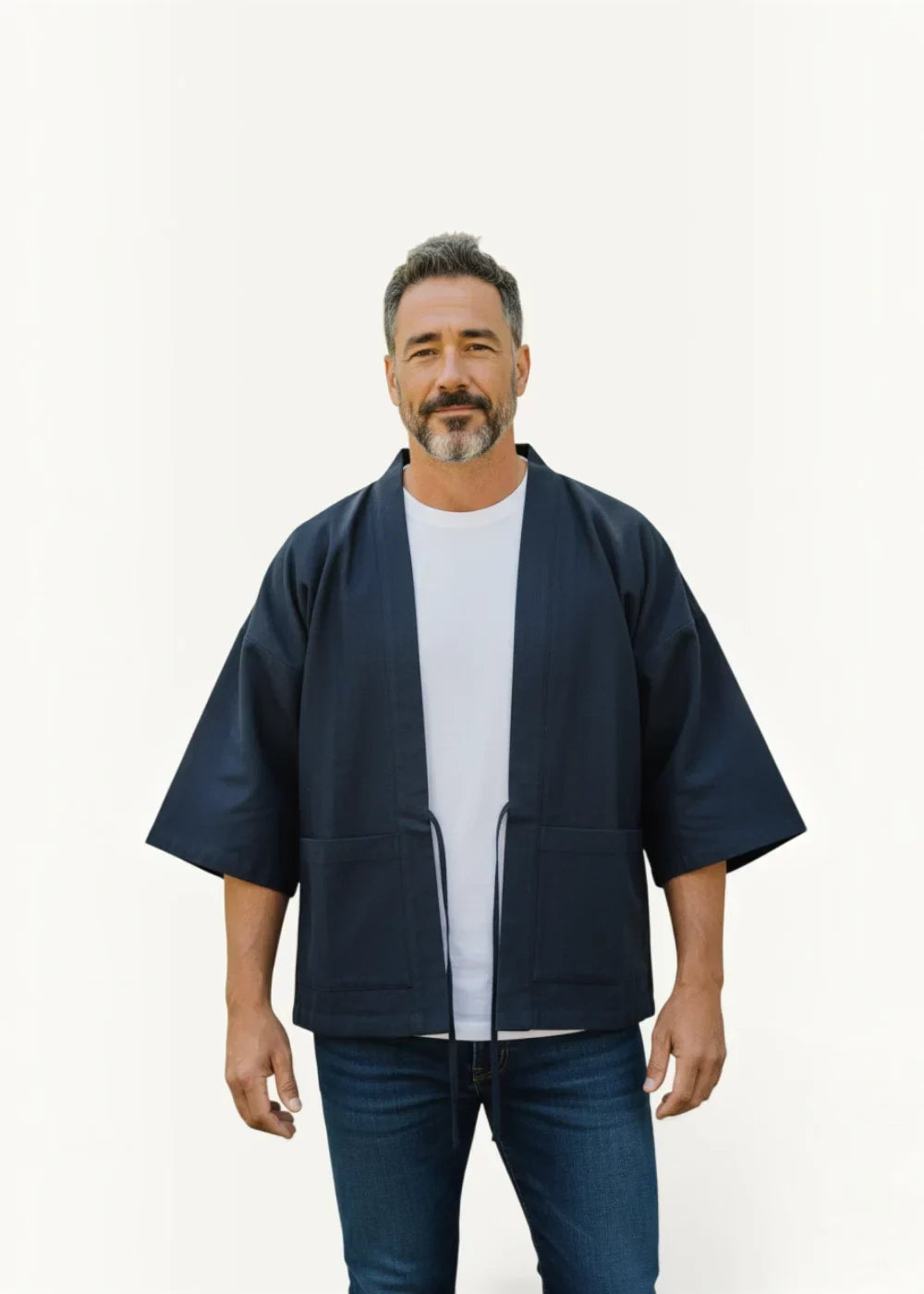 Navy blue cotton traditional Japanese kimono jacket with relaxed fit and drawstring closure front view