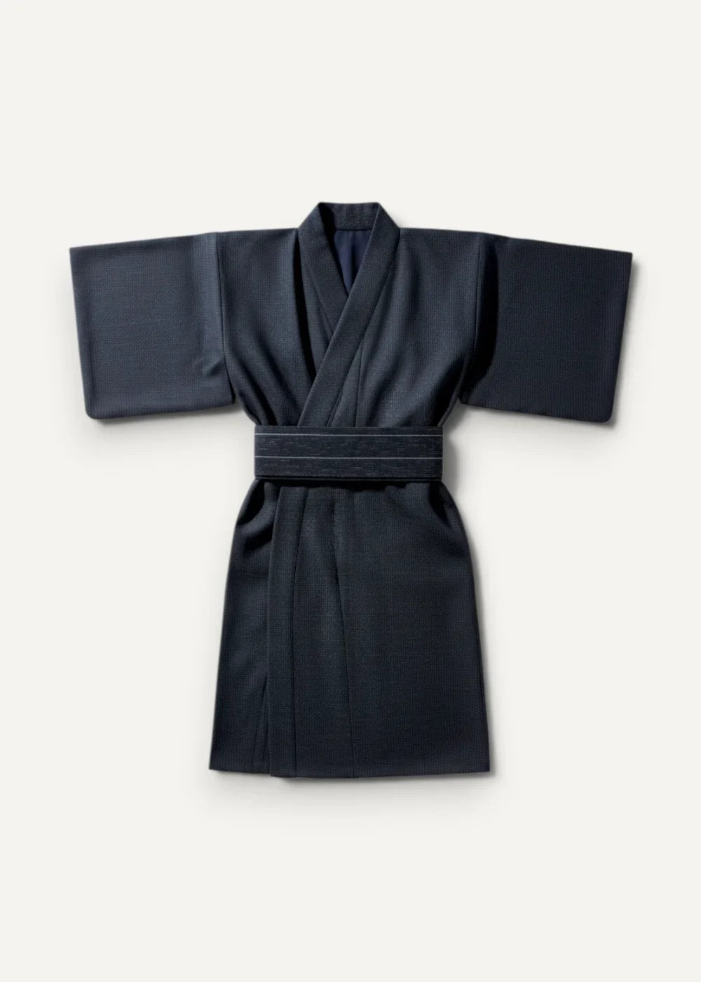 Traditional Japanese kimono style robe in sleek dark navy blue with wide sleeves and matching belt