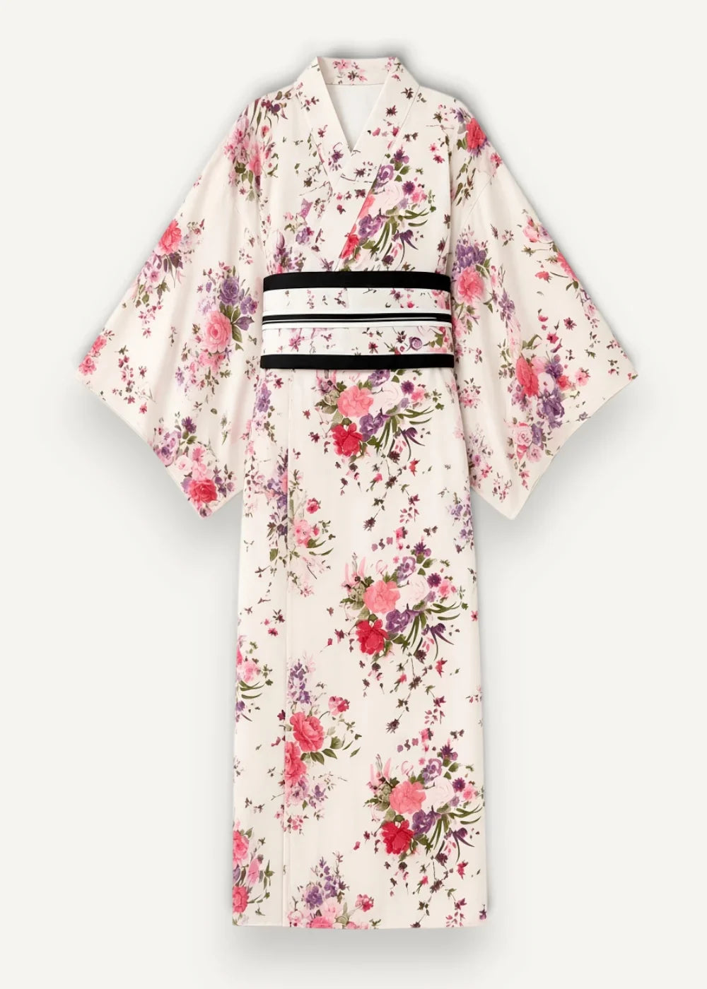 Traditional Japanese white kimono with off-white fabric and vibrant pink red purple floral pattern and black obi belt