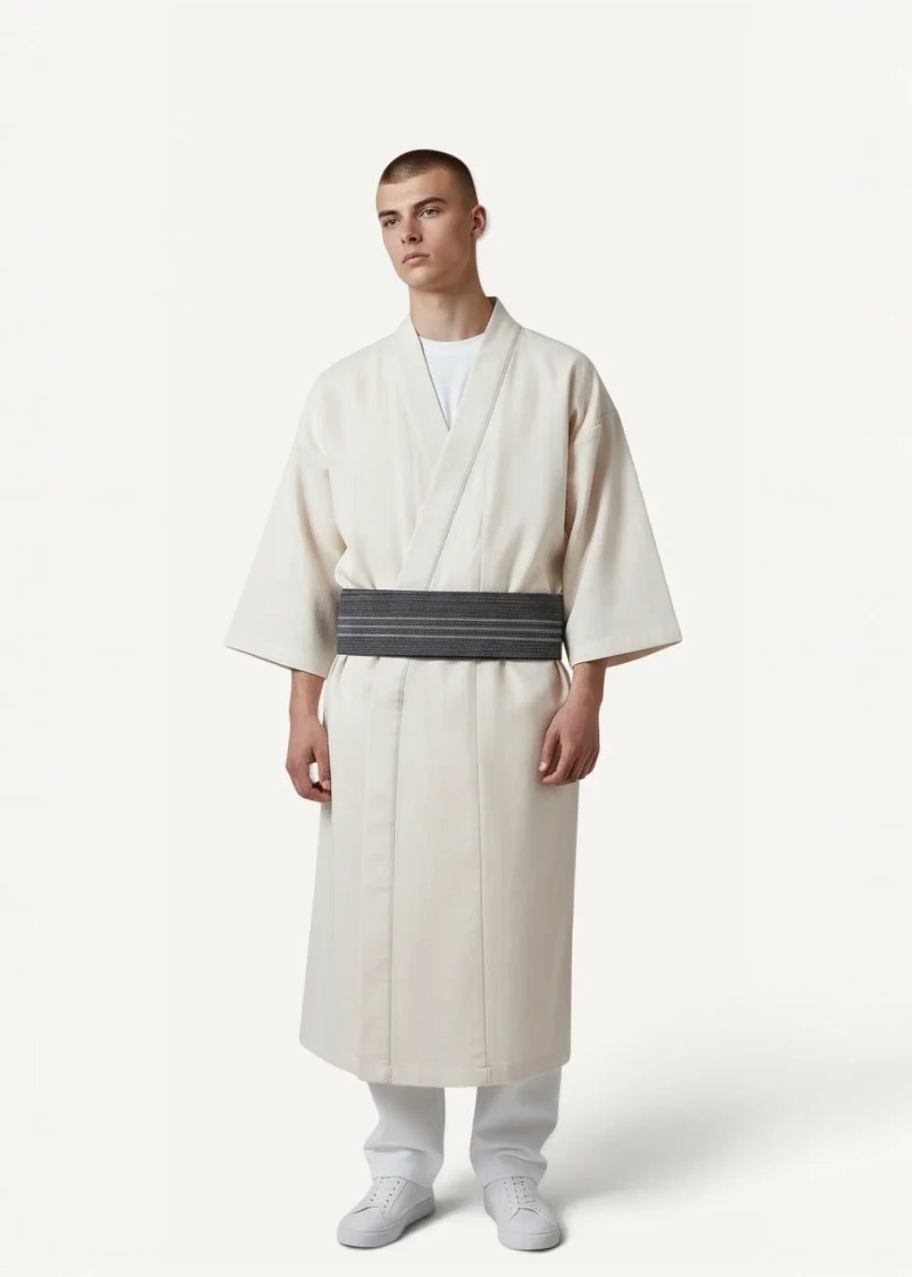 Traditional kimono cream-colored loose-fitting robe with wide dark gray striped belt for comfortable wear