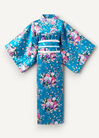 Traditional kimono female featuring a vibrant turquoise fabric with a delicate pink purple and white floral pattern