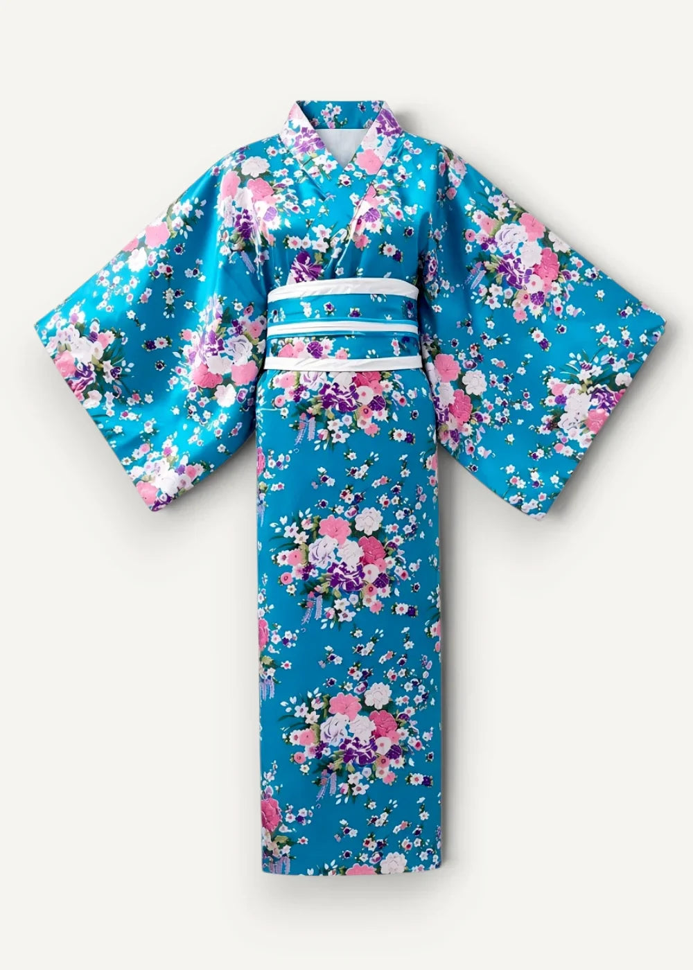 Traditional kimono female featuring a vibrant turquoise fabric with a delicate pink purple and white floral pattern
