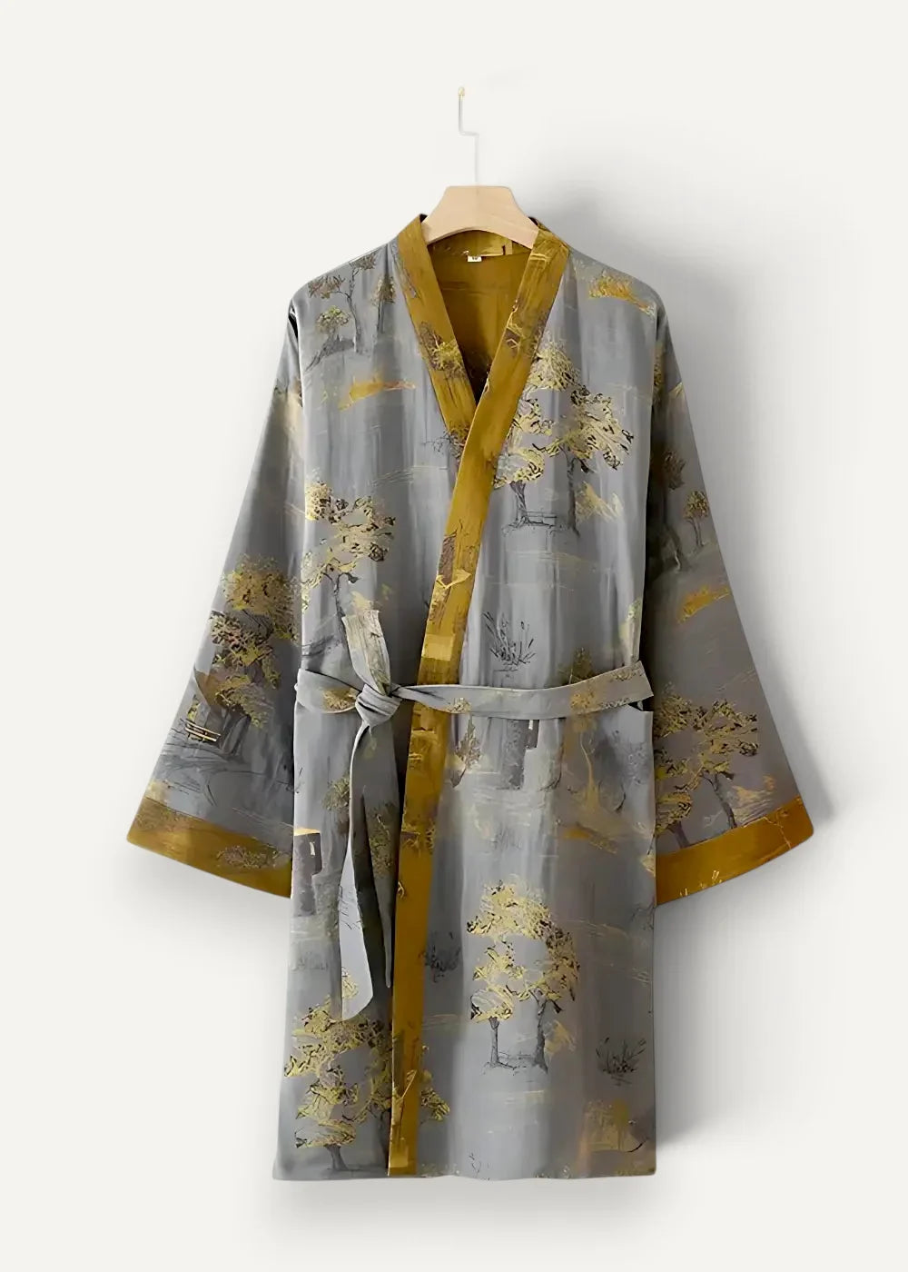 Traditional kimono robe gray silk with gold tree and landscape print and matching gold-trimmed collar and cuffs