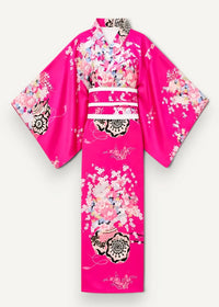 Traditional pink kimono featuring a vibrant fuchsia floral pattern in shades of pink white and black