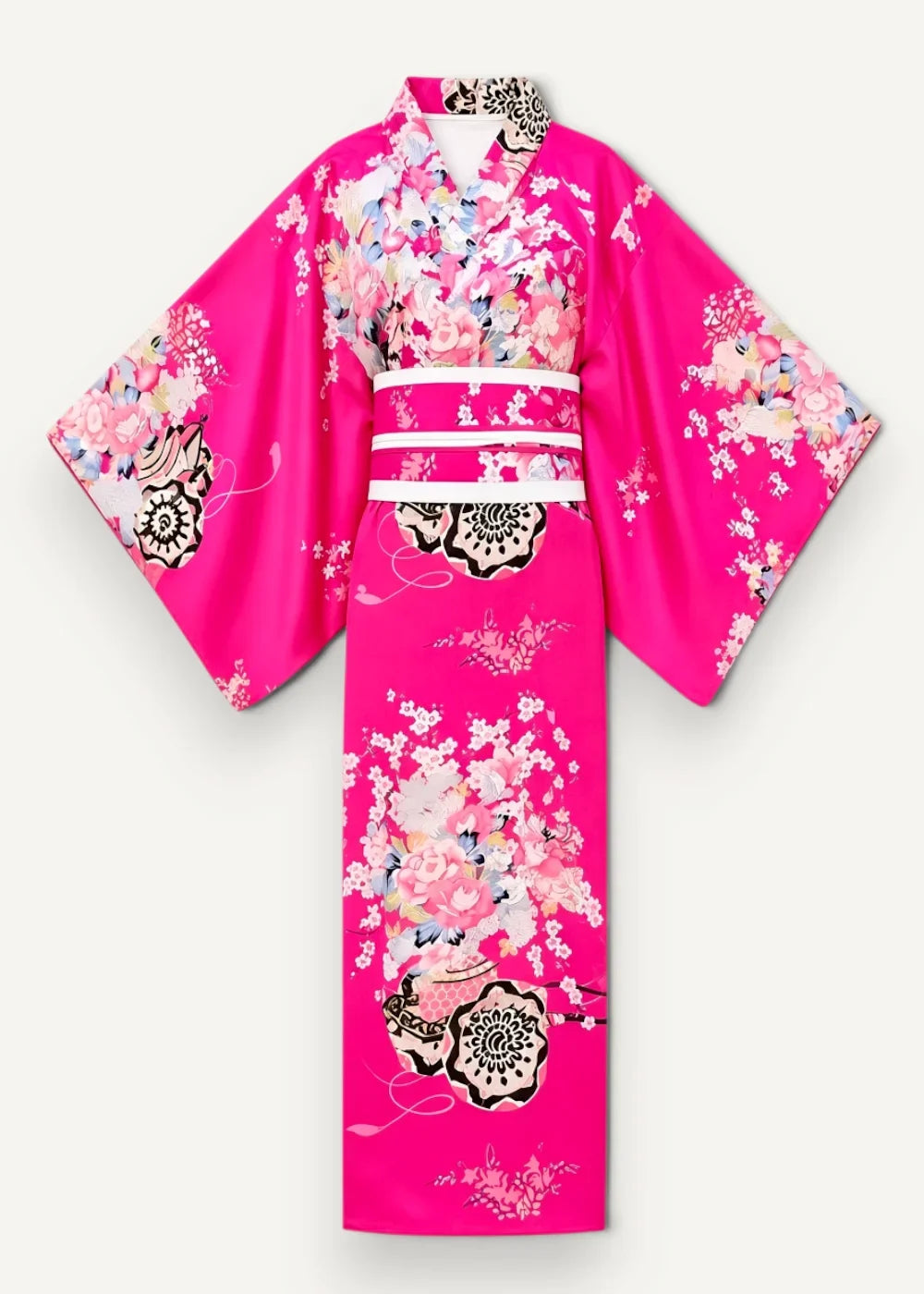 Traditional pink kimono featuring a vibrant fuchsia floral pattern in shades of pink white and black