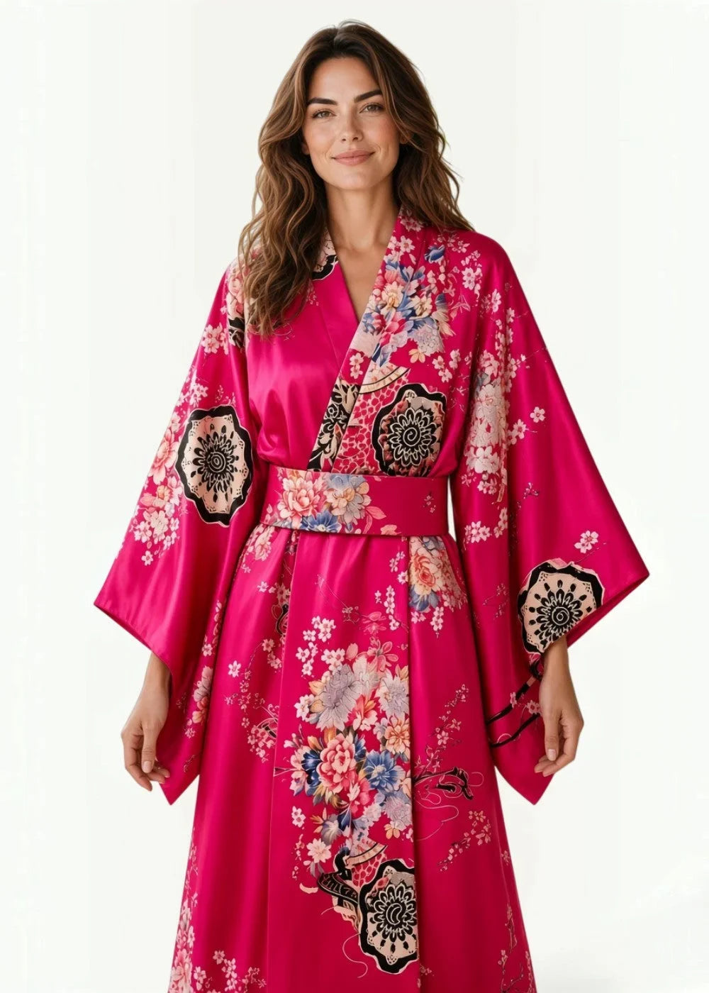 Traditional red Japanese kimono featuring vibrant fuchsia satin fabric with floral and mandala patterns in pastel hues