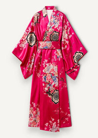 Traditional red Japanese kimono in vibrant fuchsia silk with intricate pastel floral and mandala patterns and satin belt
