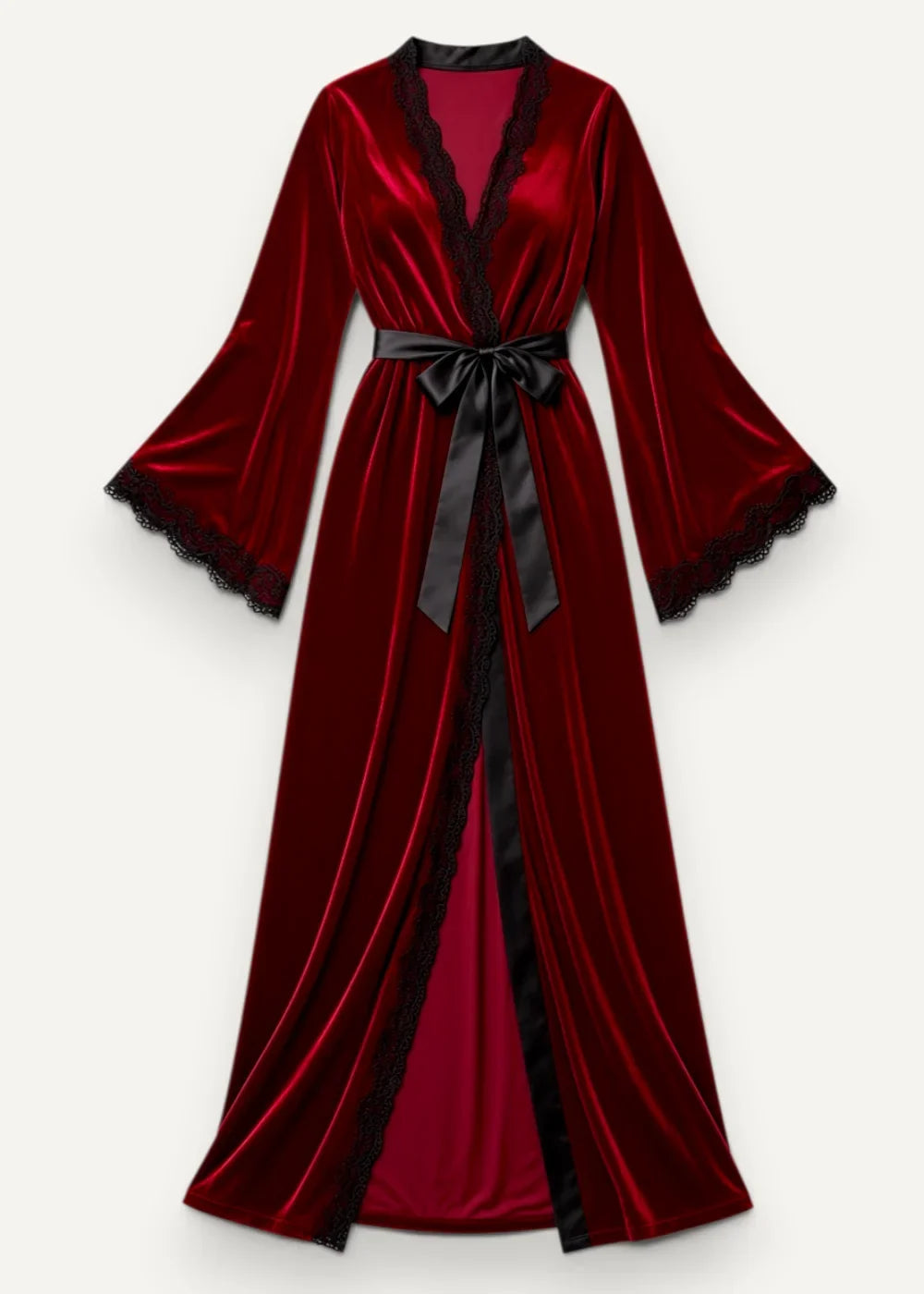 A luxurious burgundy velvet kimono robe with black lace trim and matching satin belt for elegant lounging