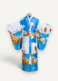 Vintage silk robe vibrant blue and white kimono with detailed traditional japanese print of pagodas bamboo and figures