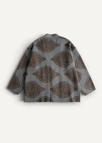 Gray warm haori jacket with long sleeves and a repeating brown paisley pattern for stylish layering