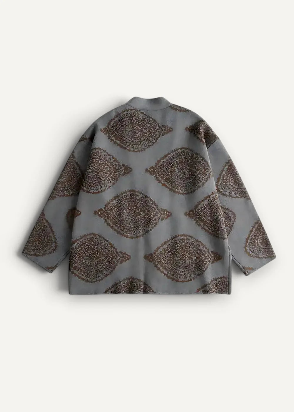 Gray warm haori jacket with long sleeves and a repeating brown paisley pattern for stylish layering