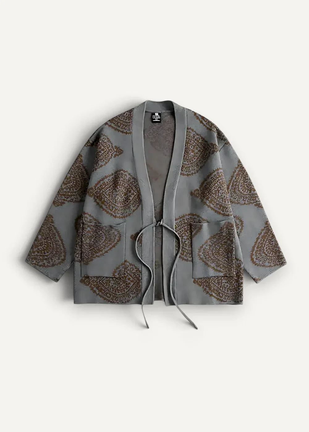 Gray warm haori jacket with brown paisley pattern and drawstring closure open front design for layering