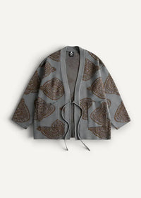 Gray warm haori jacket with brown paisley pattern and drawstring closure open front design for layering