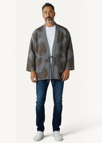 Warm haori gray kimono-style jacket with paisley patterns, drawstring waist, and front pockets