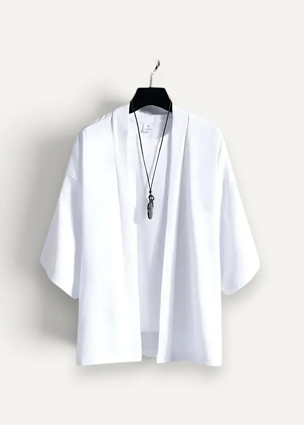 White haori open front jacket with a loose fit and short sleeves for casual layering