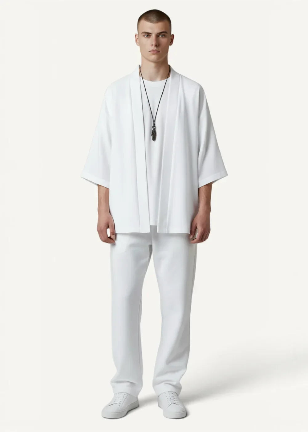 White haori oversized kimono style top with relaxed fit short sleeves in minimalist design and lightweight fabric