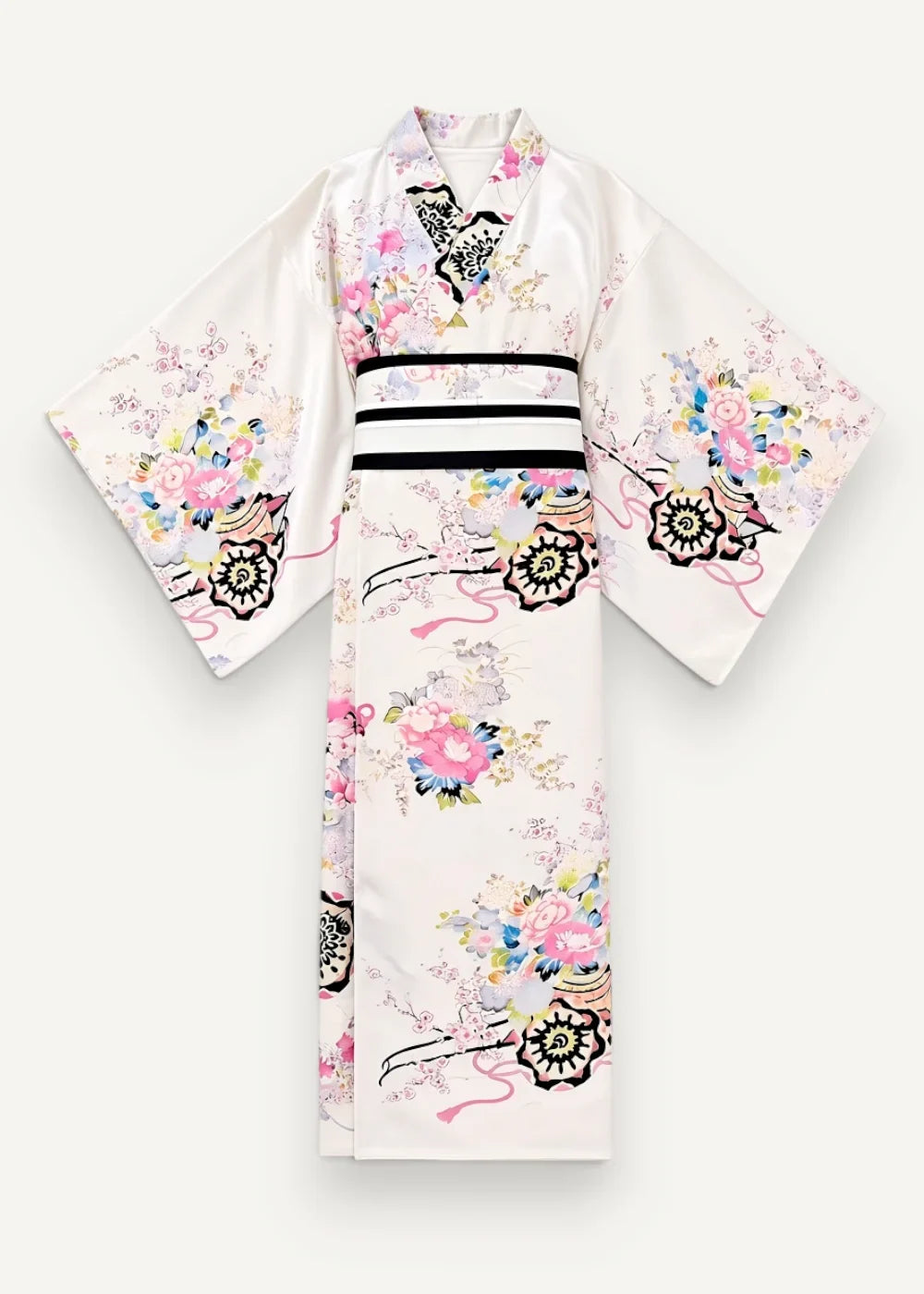 White japanese kimono made of silk with delicate pink blue and black floral patterns and a bold black striped obi belt